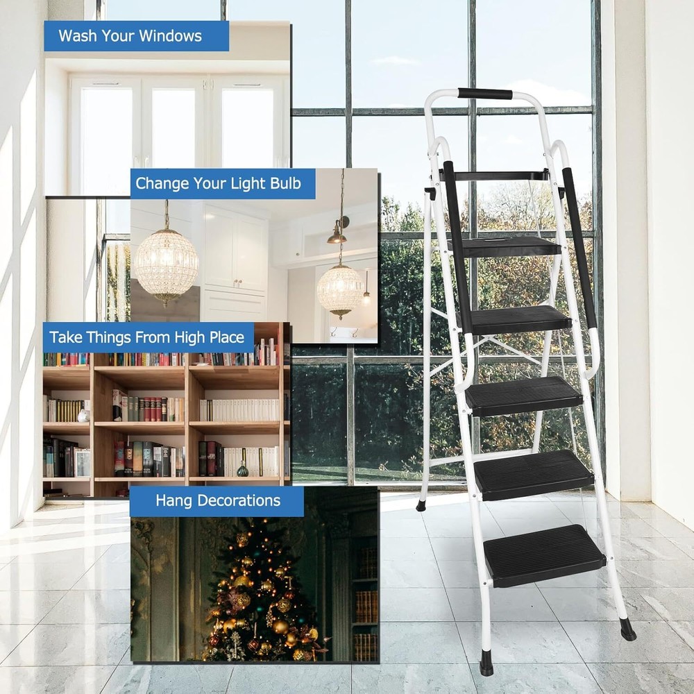 5 Step Ladder w/ Handrails&Tool Tray Platform 330 lbs Folding Step Stool Ladder