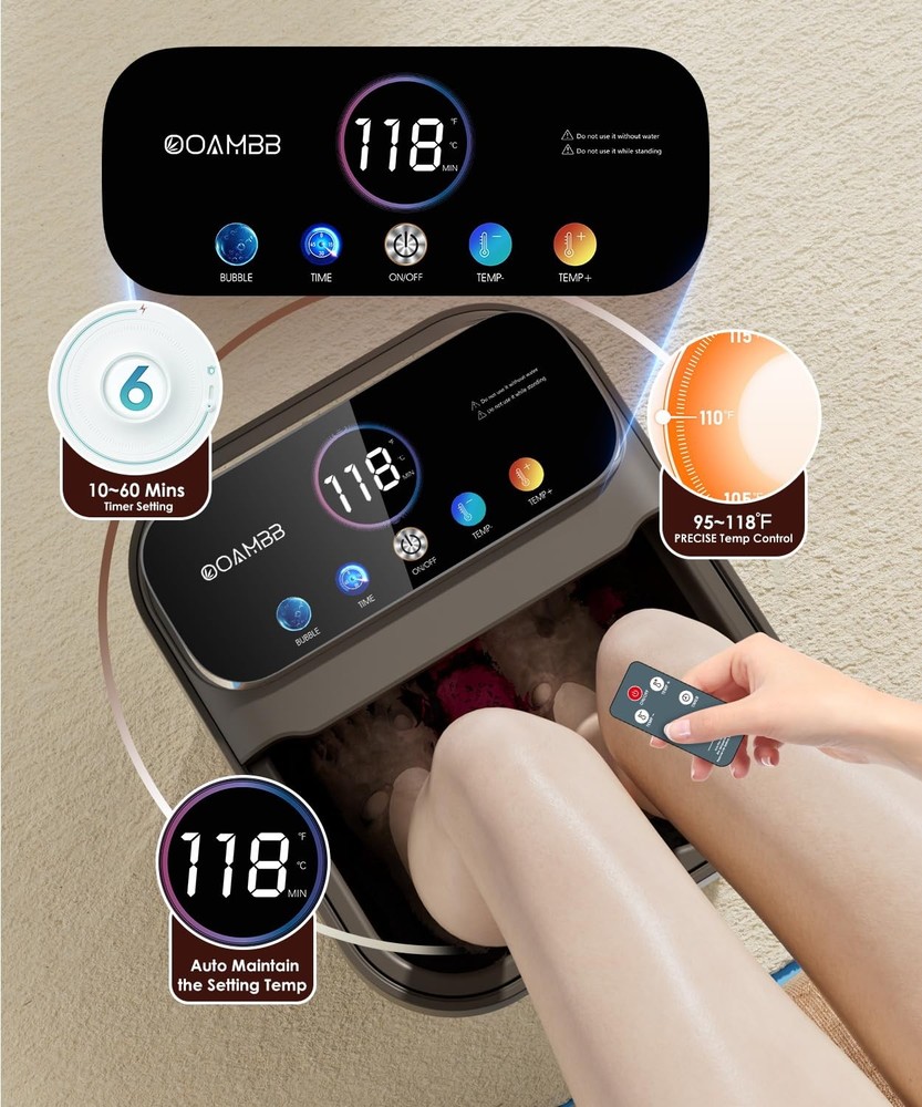 OOAMBB Collapsible Foot Spa with Heat, Bubble,Temp Control,Remote Deep Grey