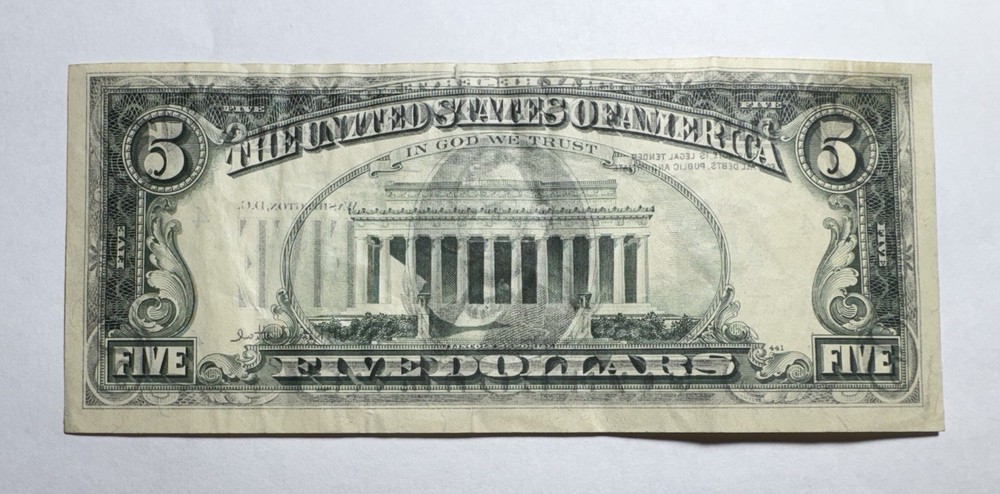 1977 $5 Five Dollar Bill Frn Note Offset Printing Front To Back Error
