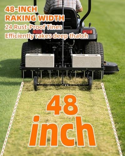 48" Tow Behind Dethatcher, Pull Behind Lawn Dethatcher with 24 Rust Black-48IN