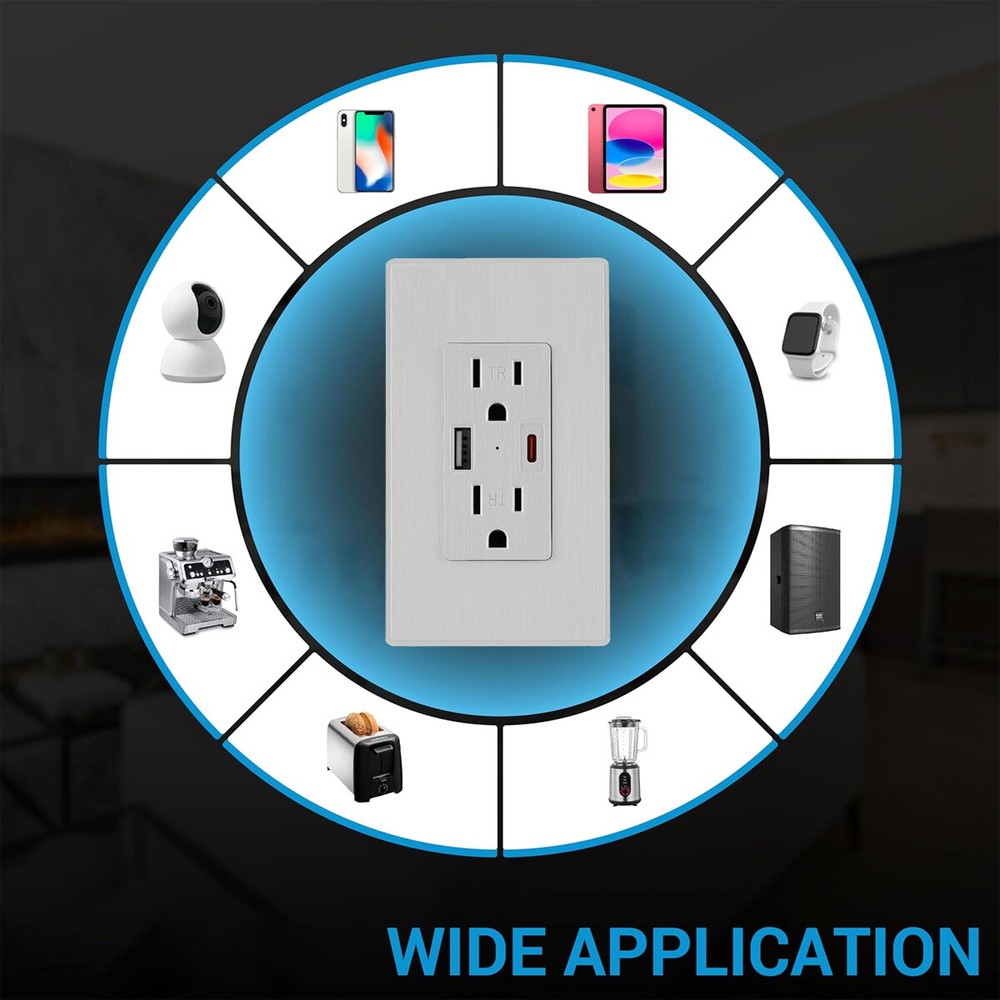15A Electrical Outlet Panel Wall Socket AC Power Receptacle w/ Type C & A Ports