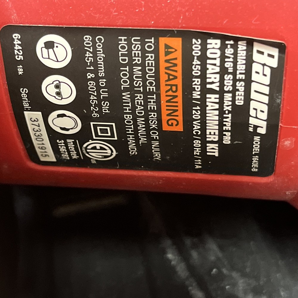 Bauer Tools 1643E-B Corded Electric Variable Speed Rotary Hammer Drill SDS Max