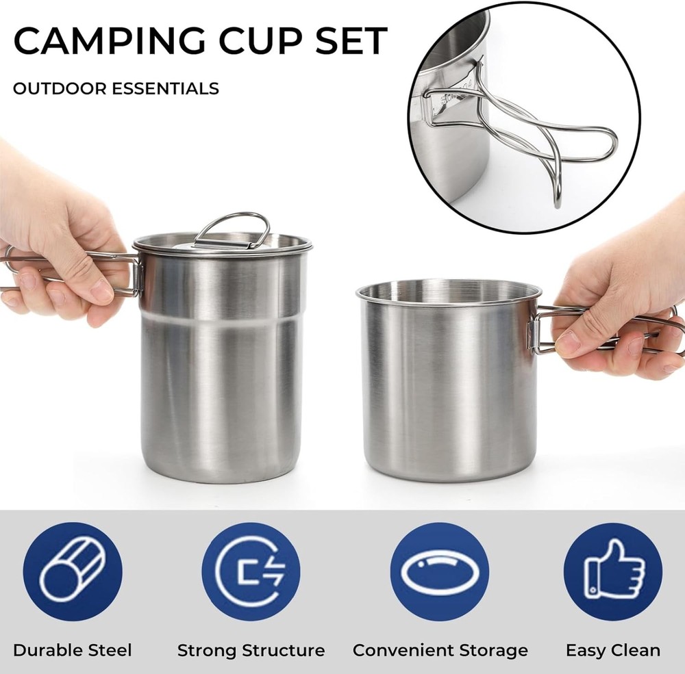 2 Pieces Stainless Steel Camping Cups, Stackable Camping Mugs with Storage Bag,
