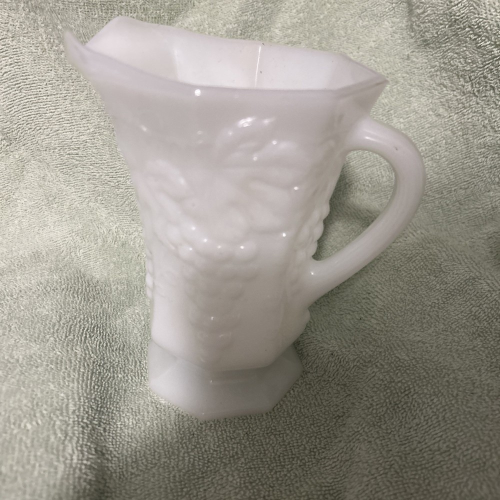 Vintage Octagon Shaped Milkglass Grape Pattern Footed Pitcher 6.5"