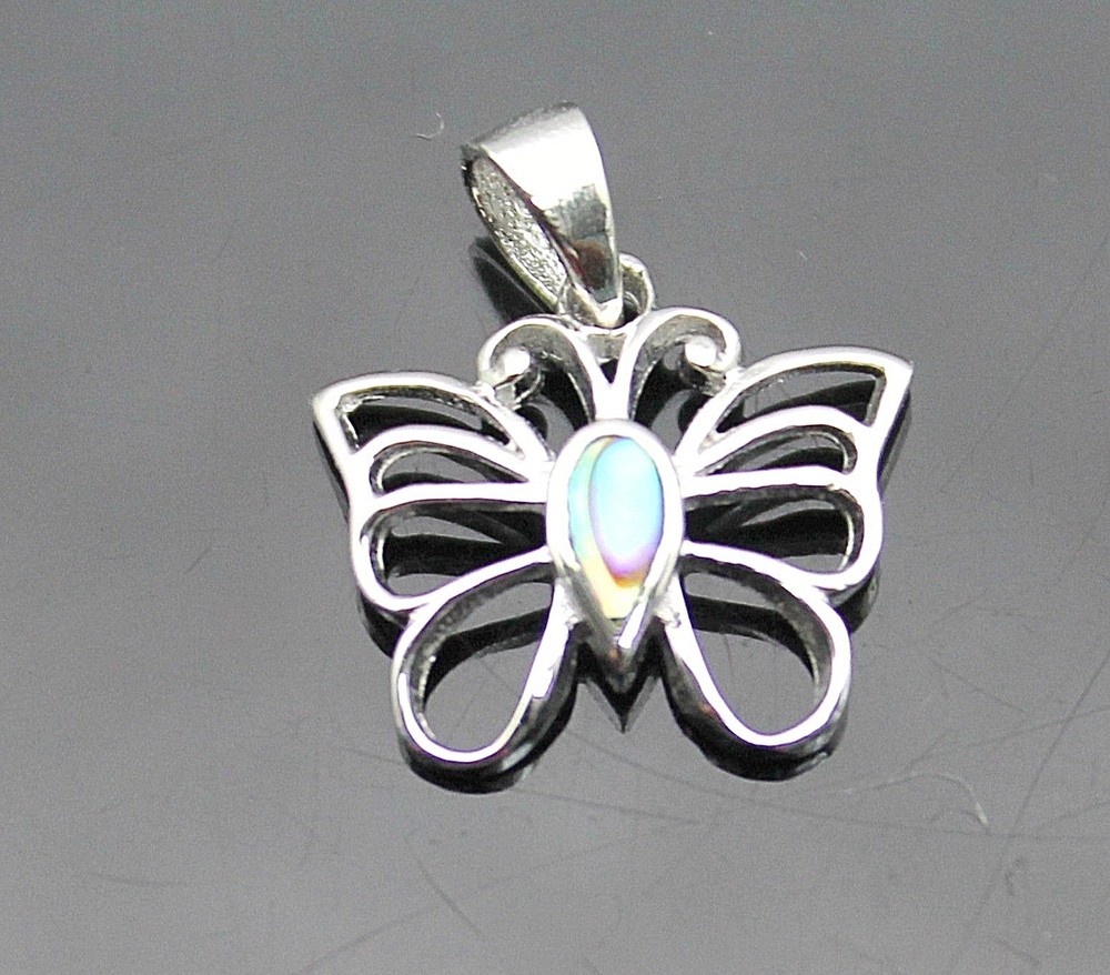 CUTE !BUTTERFLY ABALONE INLAY STERLING SILVER PENDANT