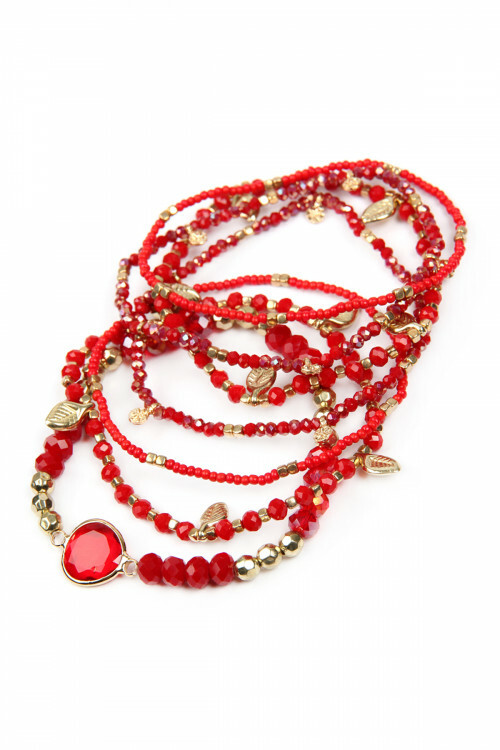 Burgundy Red Leaf Charm Bracelet Set Stretch Boho