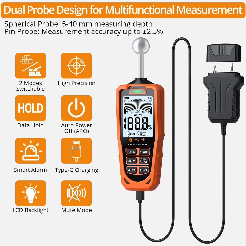 Neoteck 2-in-1 Dual Probe Moisture Meter 40mm Spherical Moisture Reader & ±