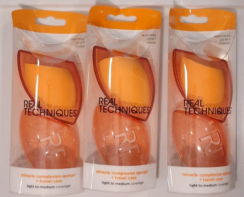 Real Techniques Miracle Complexion Sponge 3 Pack Orange with Travel Case