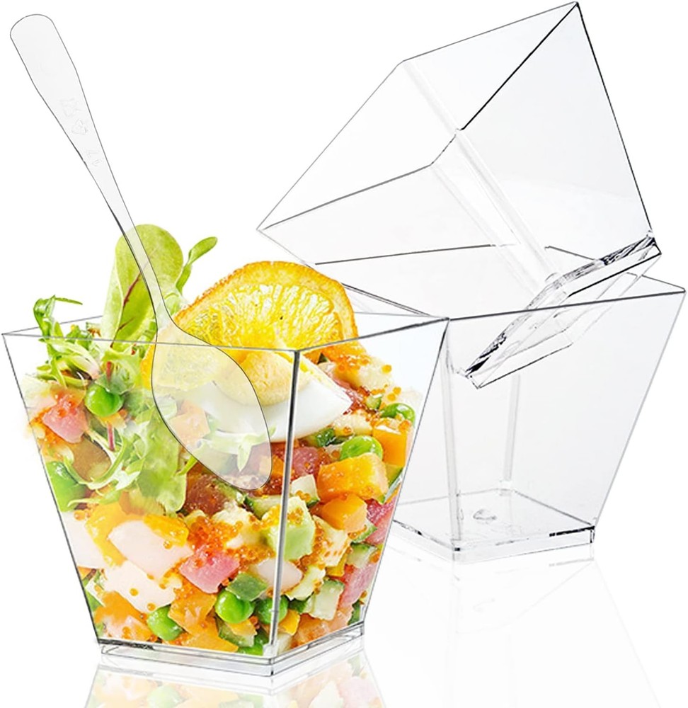 Mini Square Dert Cups with Spoons, Plastic Parfait Appetizer Cup,