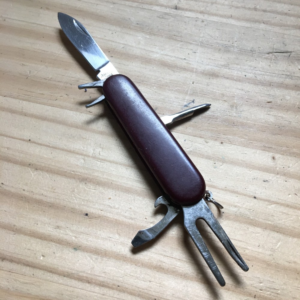 Vintage 1990s Brown Handle Pocket knife 5 Multi tools 3"L when Closed