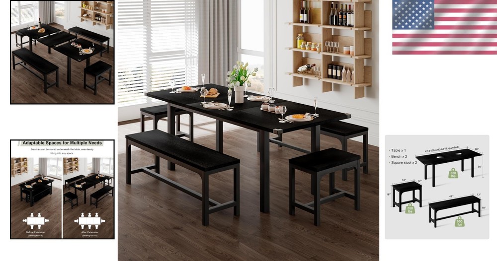 Dining Table Set for 4-8 People Extendable Kitchen Table with Benches Stools