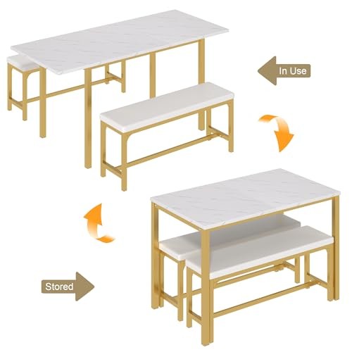 3-Piece 63" Extendable Kitchen Table with Benches/Chairs, Modern White