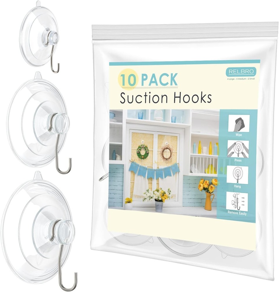 RELBRO Suction Cup Hooks, Window Cups 4 Large 4 Medium 2 Small, Clear