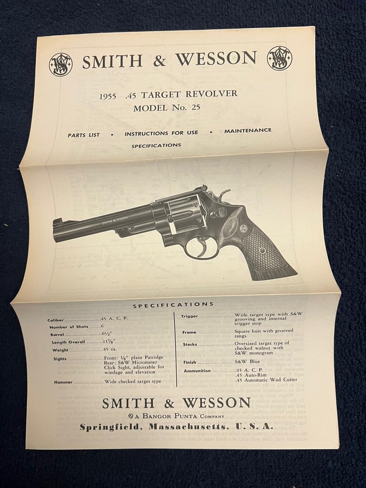 Factory Original Smith & Wesson Model 25 Manual S&W