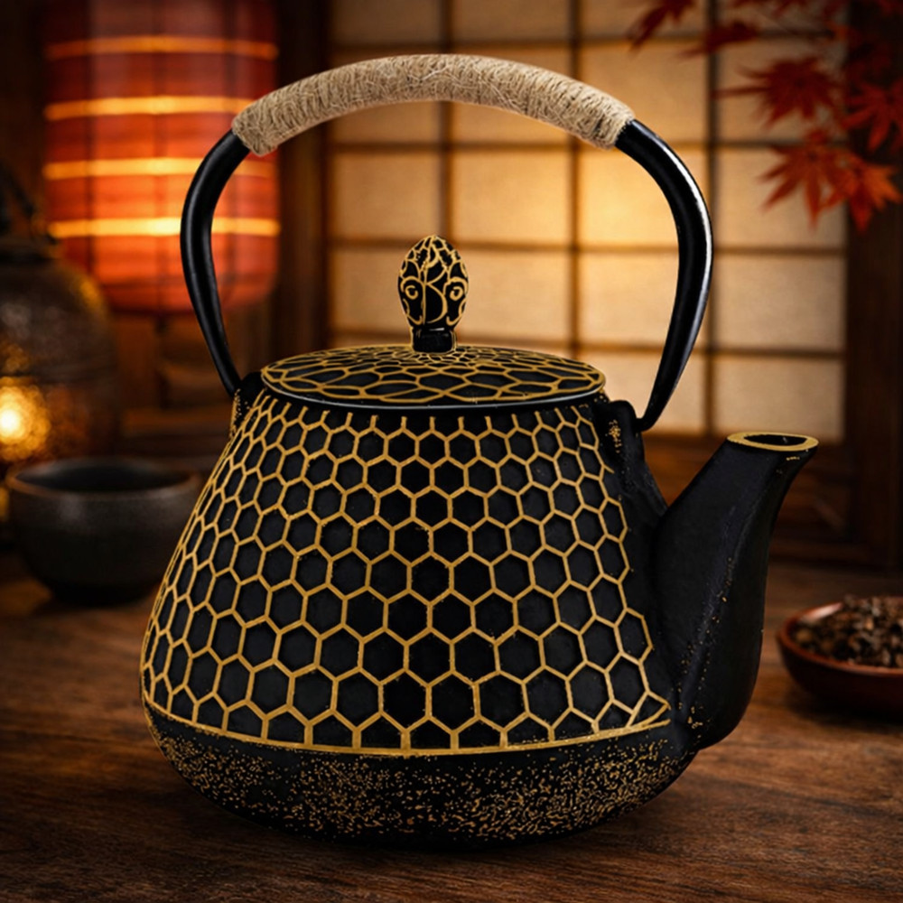 Cast Iron Teapot with Infuser | Honeycomb Tea Kettle Gold 30oz