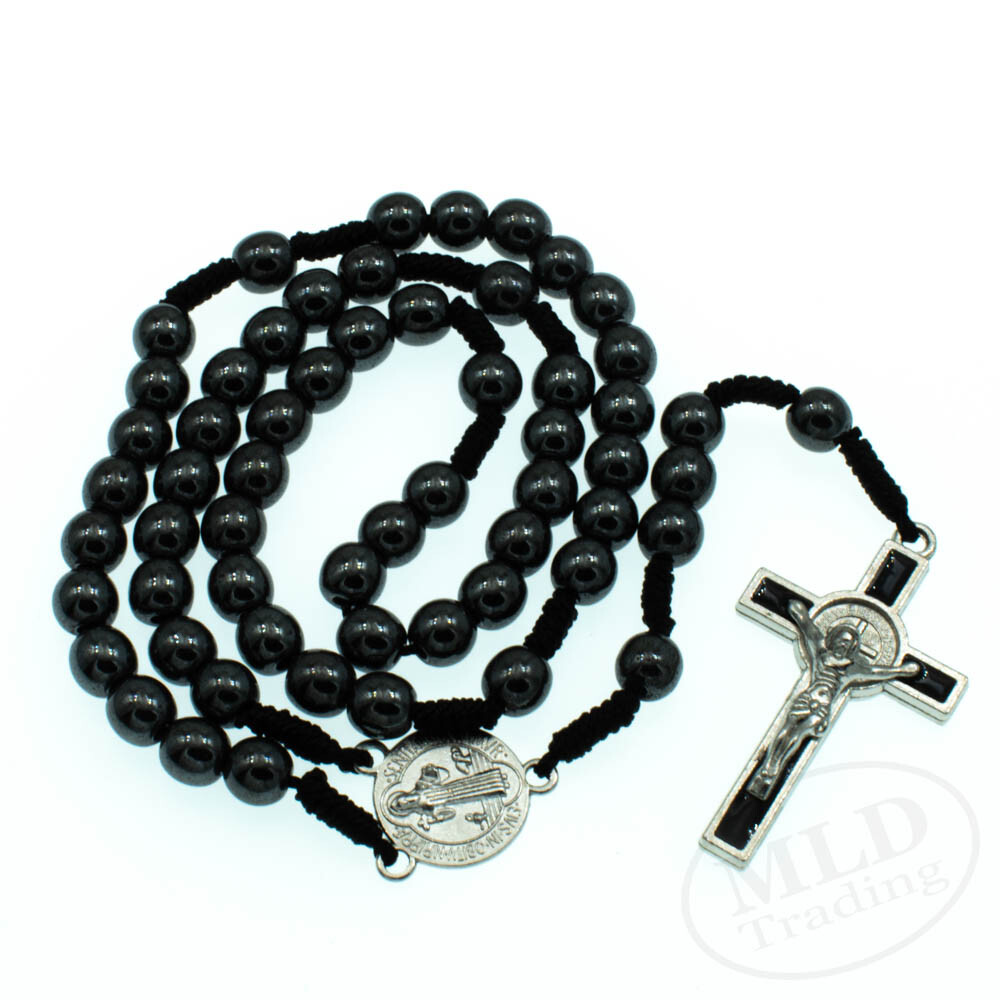 Saint St Benedict Medal Cord Rosary Black Hematite Beads Rosario San Benito 12"