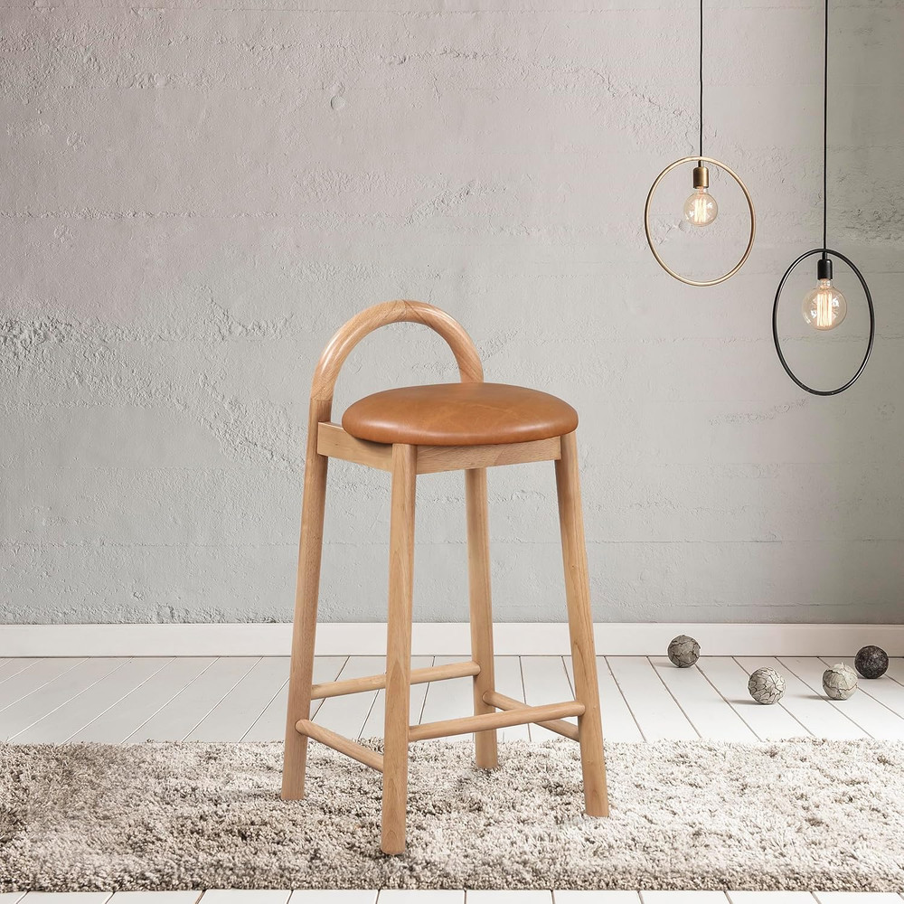 Cognac Vegan Leather Mid-Century Modern Stool with Solid Wood Frame