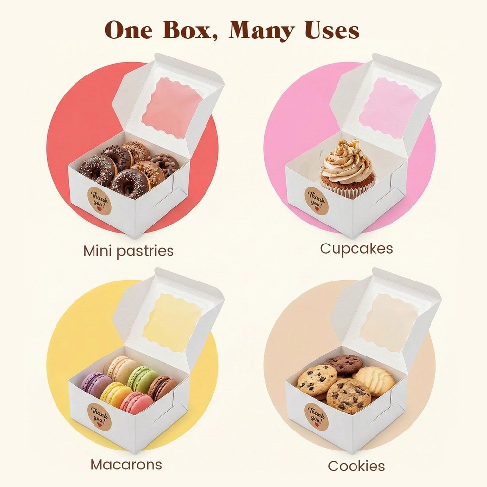 50pcs Cookie Boxes 4x4x2.4 Inches White Bakery Boxes with Window, Mini Cake C...