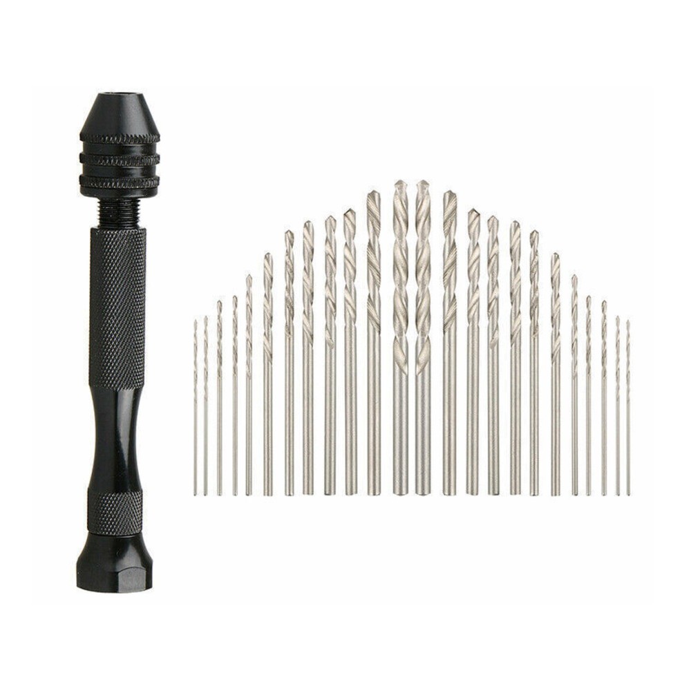 26Pcs Mini Micro Hand Drill Bit Kit Manual Keyless Chuck Pin Vise Rotary Tool