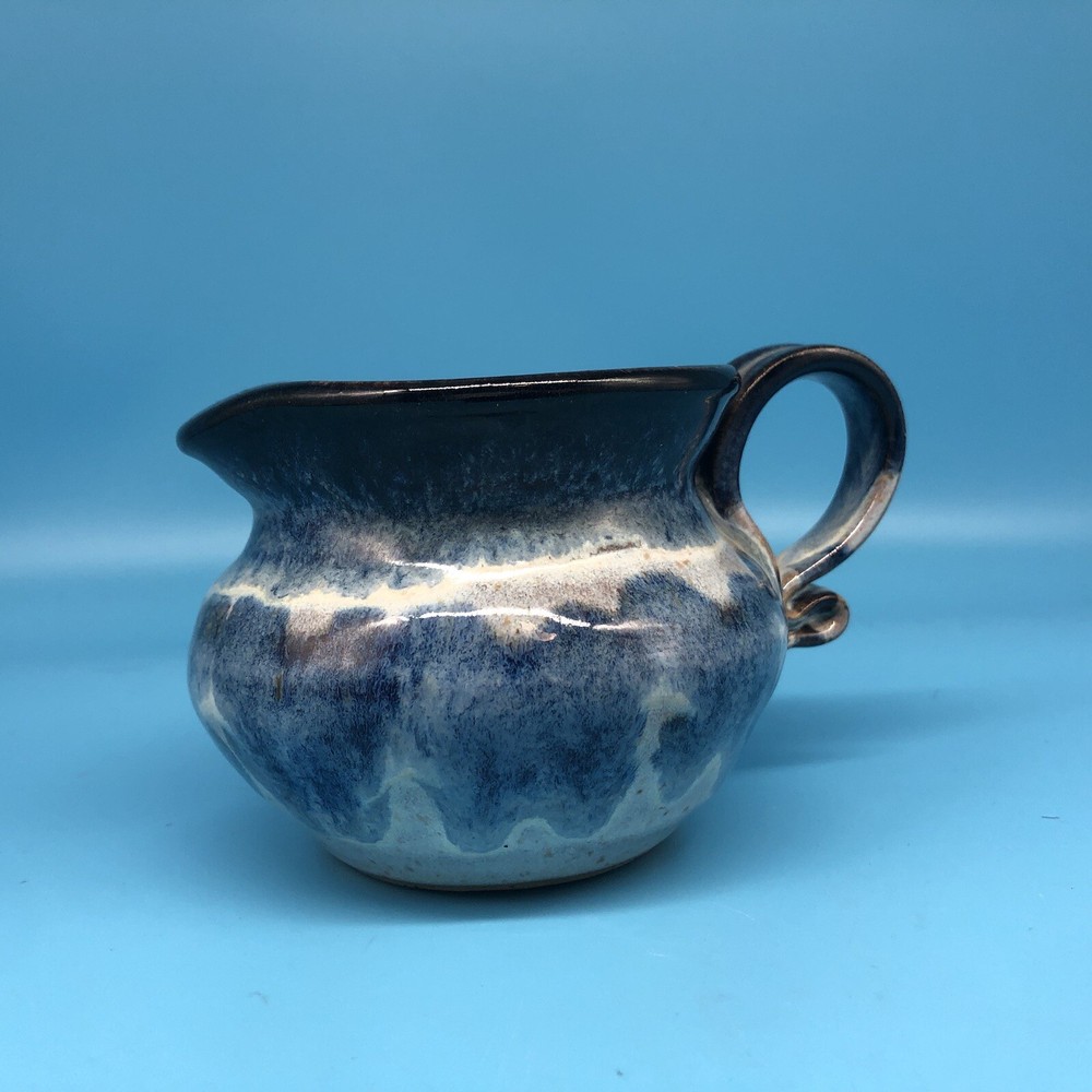 Studio Art Pottery Blue White Glaze Short Pitcher Butterfly Pattern