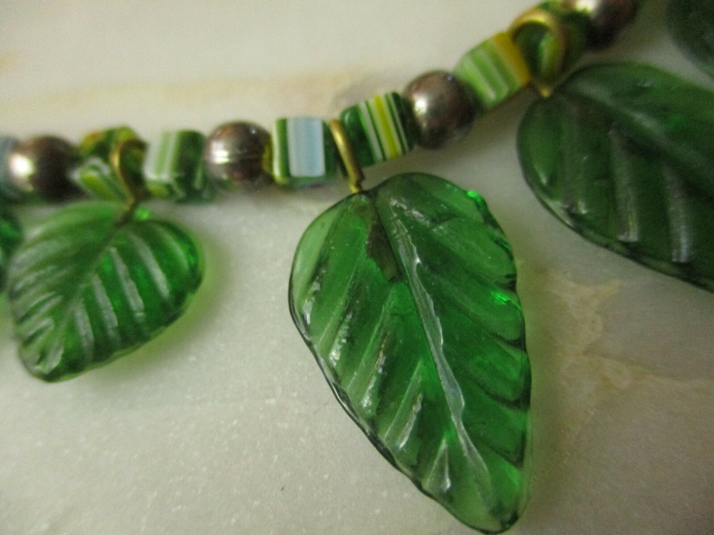 Glass necklace Merano beads leaf pattern hippy boho