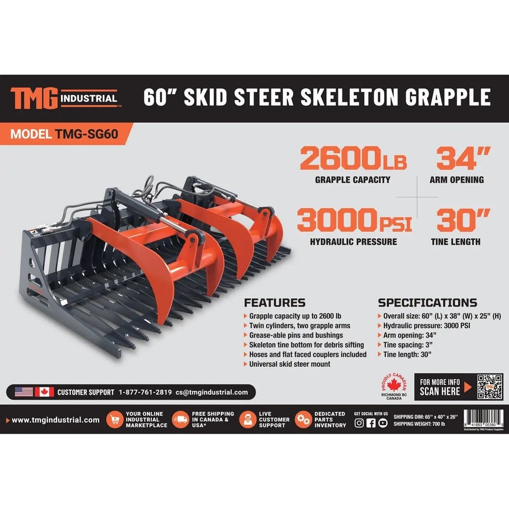 Grapple 60in Skid Steer Mounted 34in Opening 2600lb