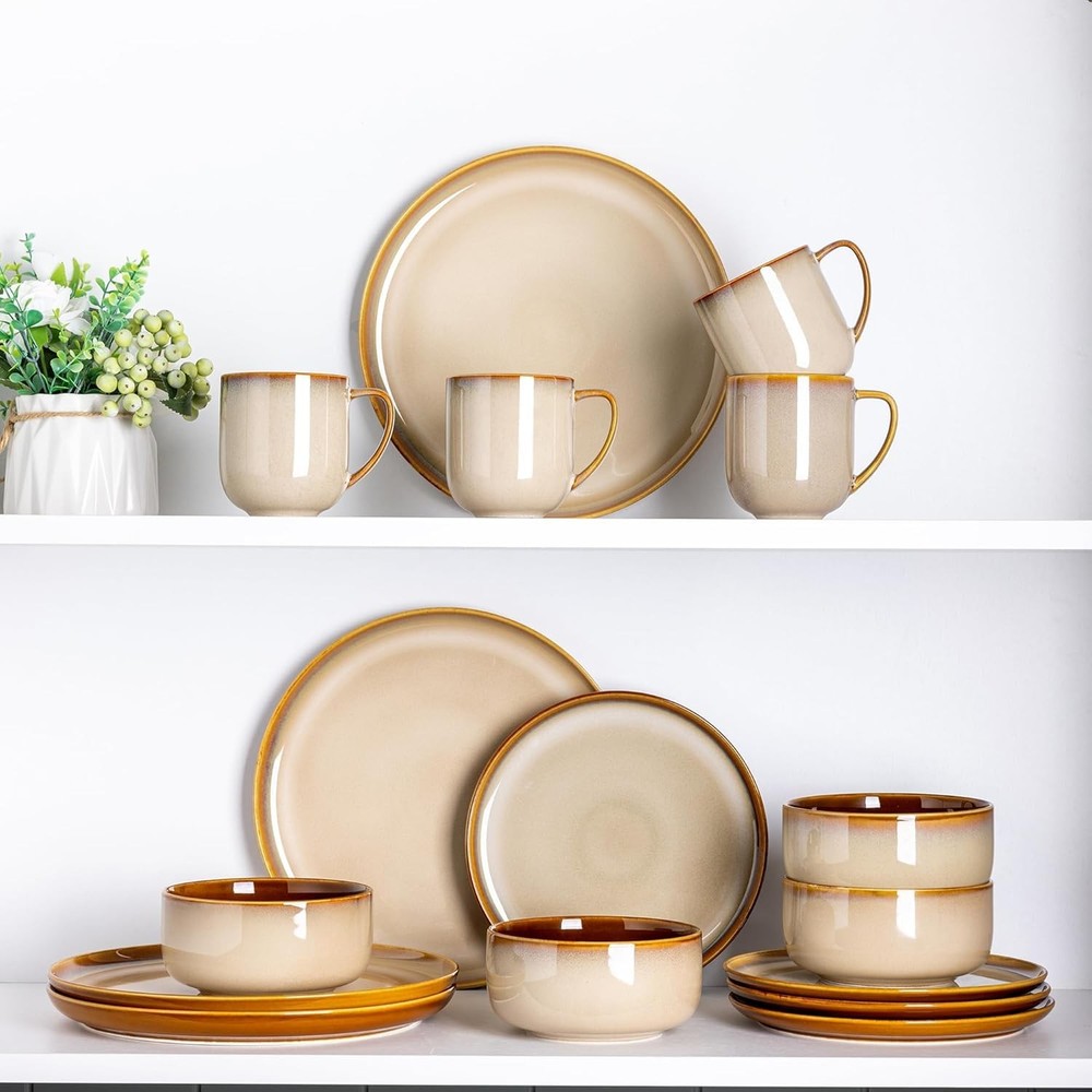 LERATIO Ceramic Dinnerware Sets for Service 8 （24pcs）, Modern-Kahki