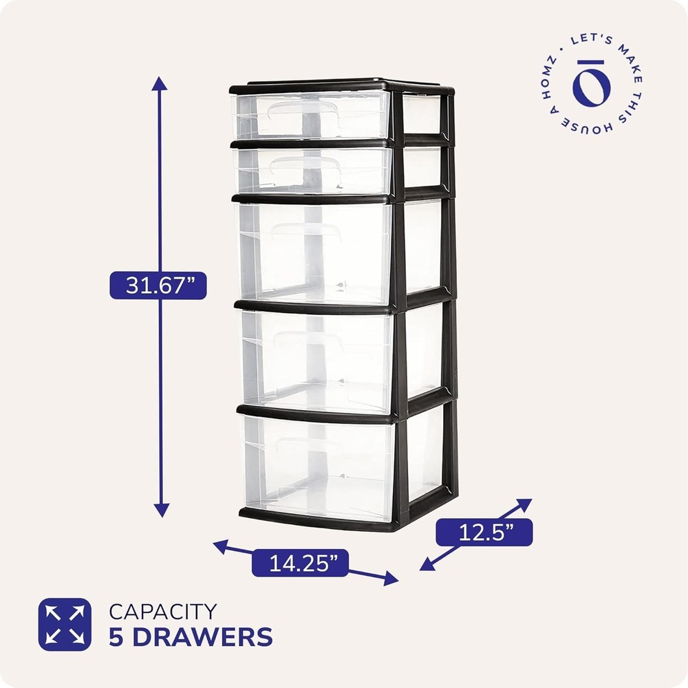 Drawer Tower 5-Tier Clear Plastic Storage Organizer Unit Multi-Purpose Container