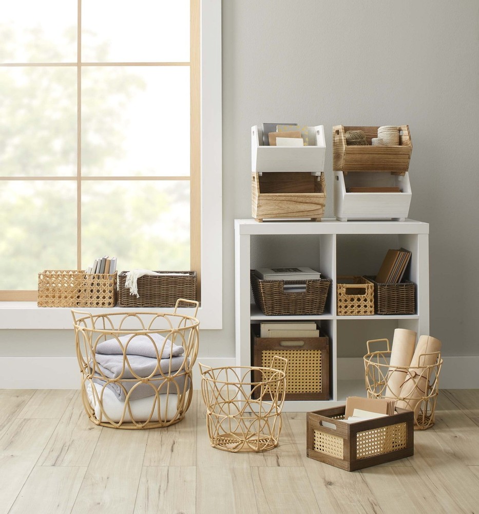 2-Pcs Natural Wood Stacking Open Front Decorative Storage Bin Modern