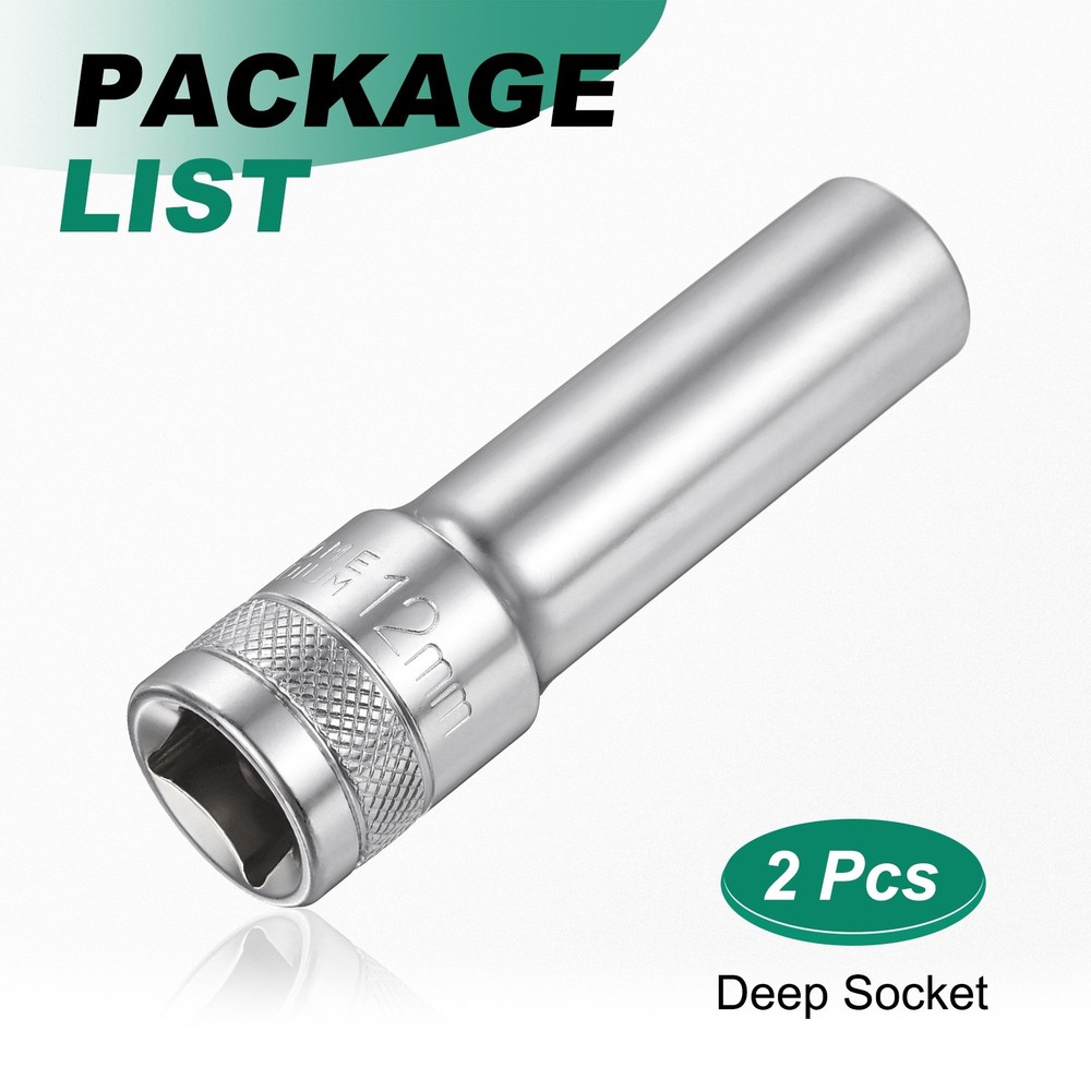 2pcs 6 Points Deep Socket 1/2" Drive 12mm Nickel Plating Hex Socket 3.1" Long