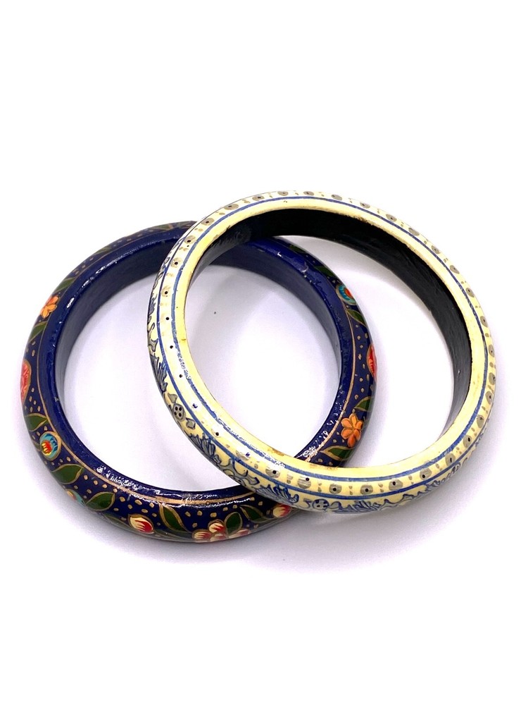 Artisan Bangle Bracelets (2) Hand Painted Blues Whites Reds Stackable