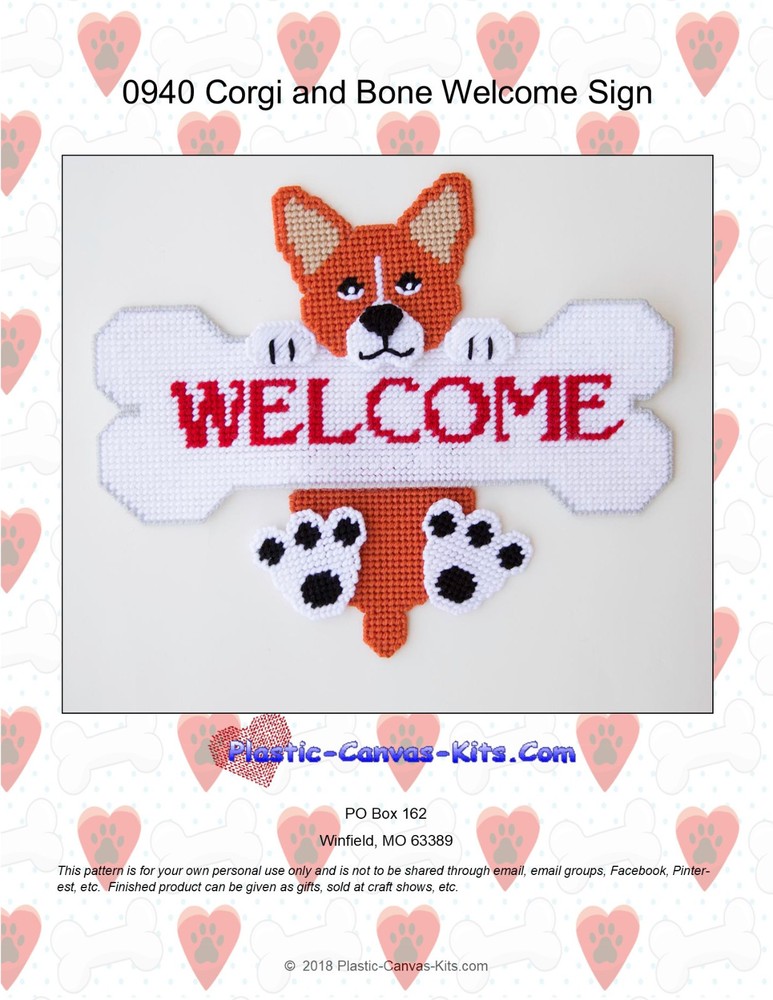 Corgi Dog and Bone Welcome Sign- Plastic Canvas Pattern or Kit