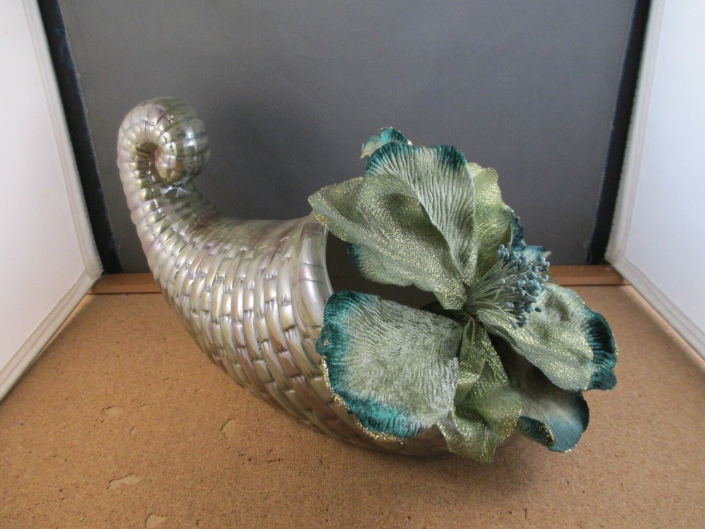 Green Ceramic Cornucopia Thanksgiving Table Decor & Silk Flower