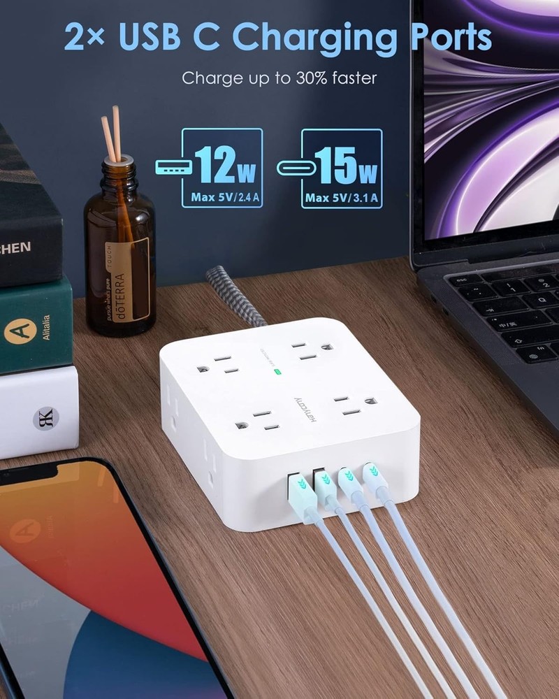 6Ft USB-C Surge Protector Power Strip with 8 Outlets - Fast Charging Solutions