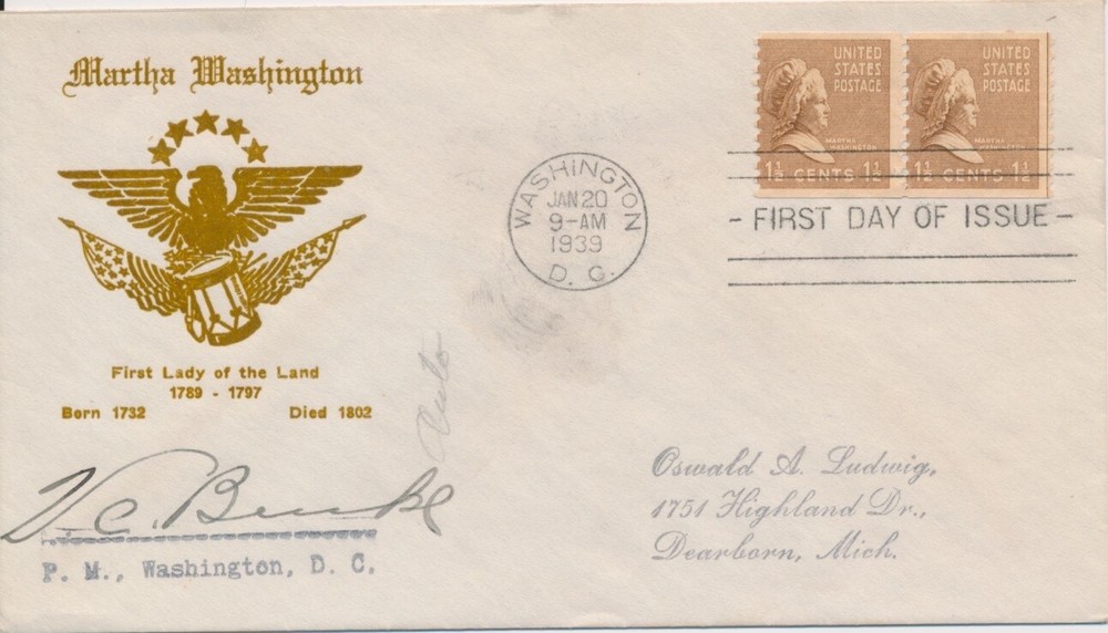 #840 coil Martha Washington Ludwig cachet First Day cover signed PM eagle design