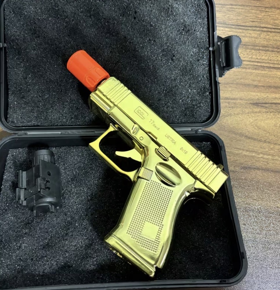 Gold Pistol-Shaped Torch Lighter, Adjustable Flame, Silencer, Propane Gas