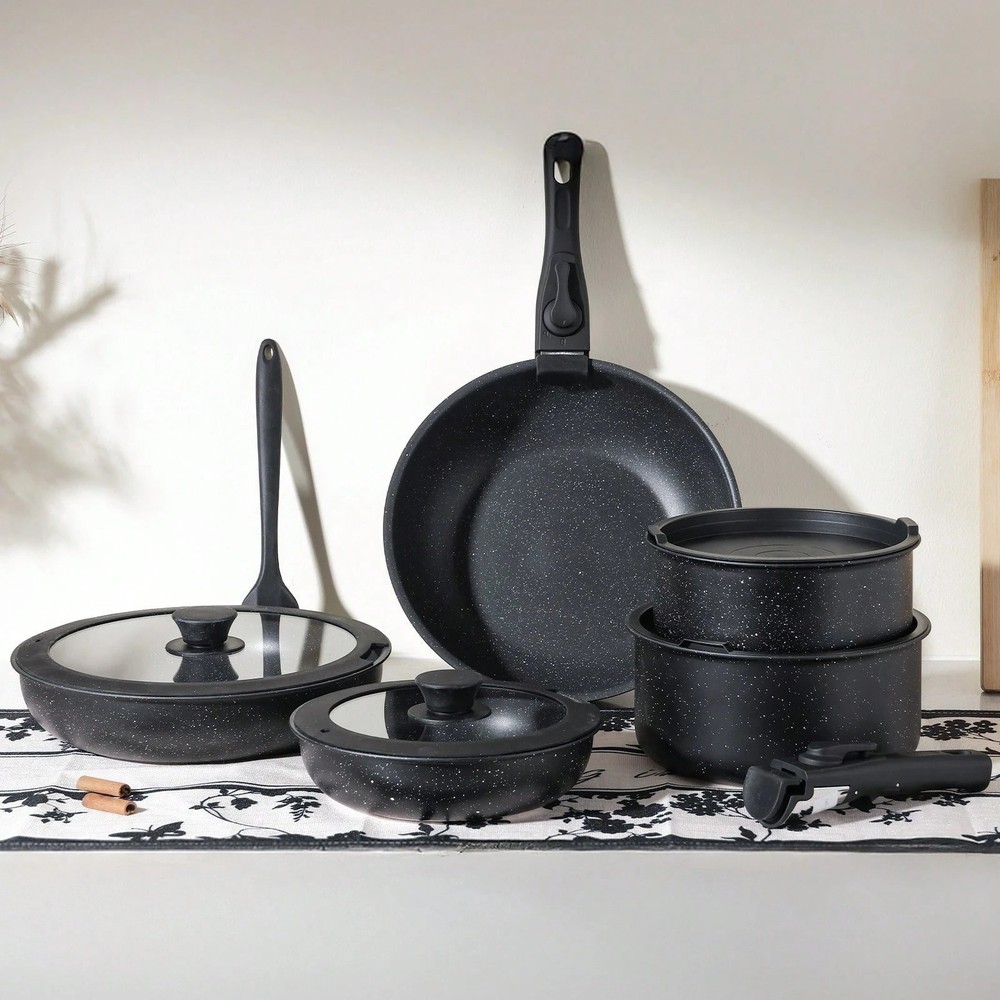 12PC Nonstick Pots & Pans Set with Removable Handles Black Cookware