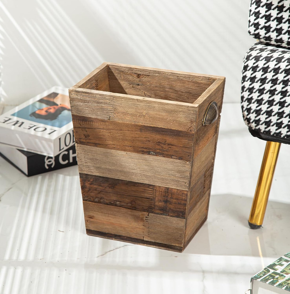 Small Wood Trash Can, Farmhouse Rectangular Garbage Can Waste Basket, Rustic Dis