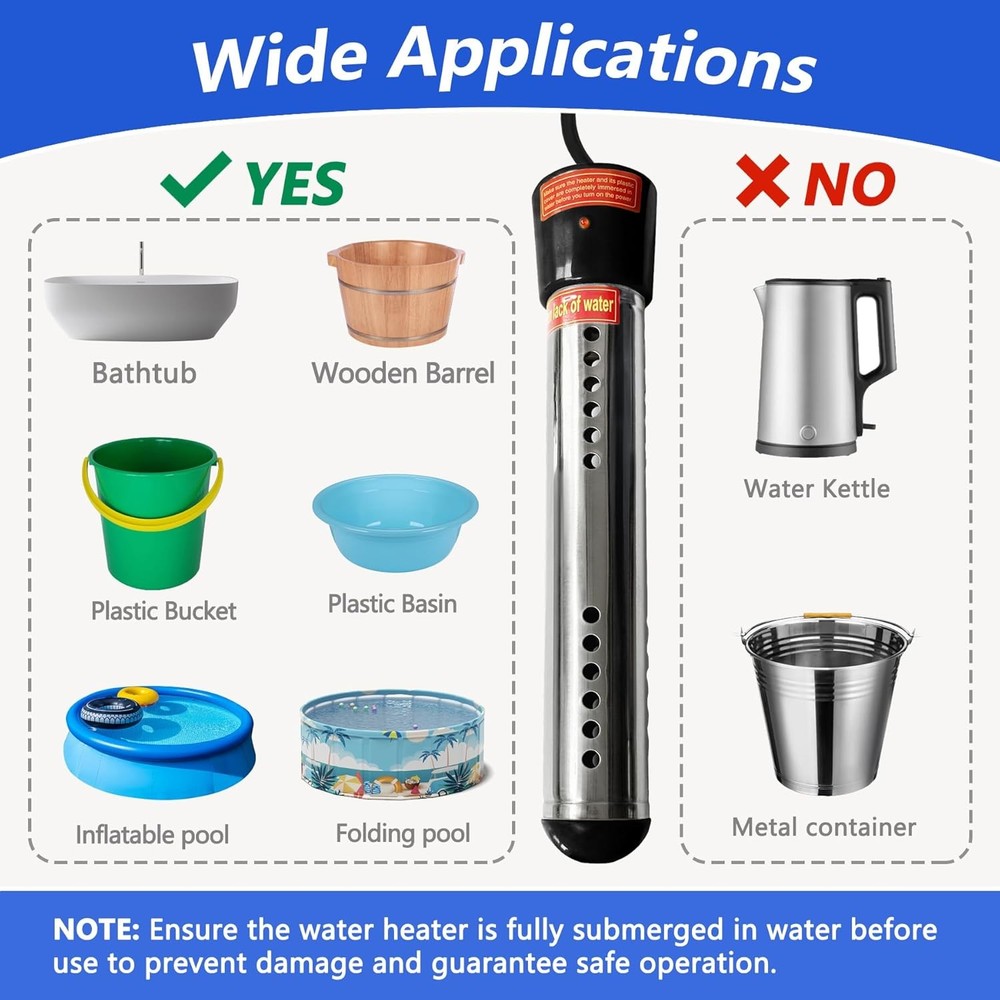 Immersion Water Heater 1500W – Portable Stainless Steel Bucket Heater with The