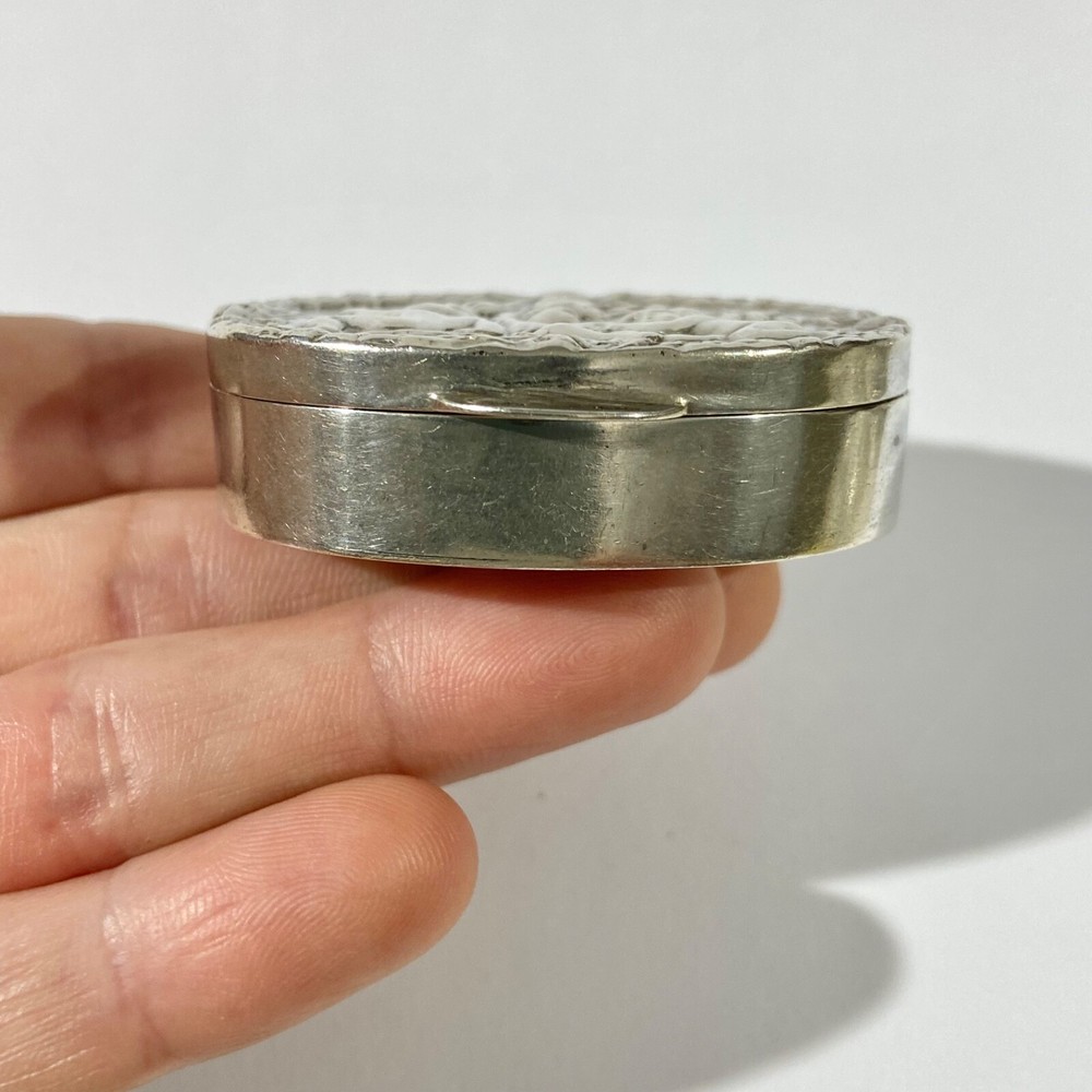 Vintage Solid Silver Italian Pillbox , Hallmarked with boys in romantic scene