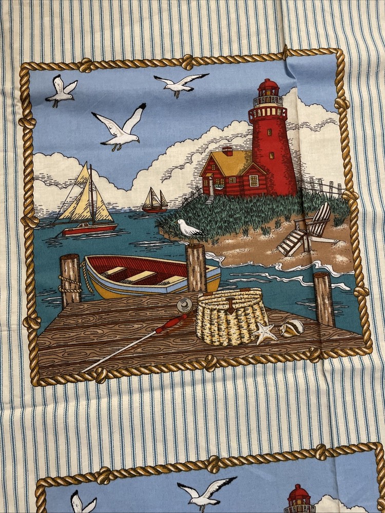 Vintage Cotton Fabric Lighthouse Ocean Nautical Quilt Panel Block Image