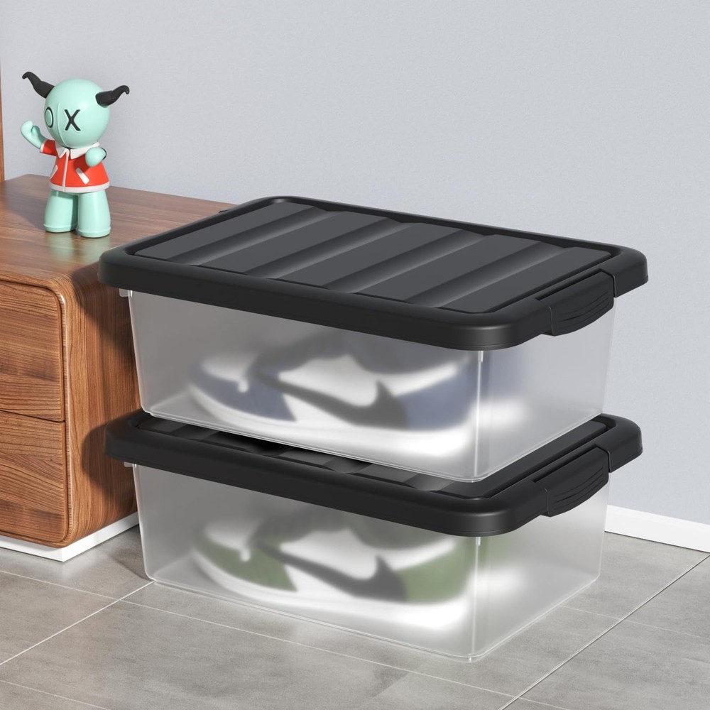 14 Quart Plastic Stackable Storage Bin Clear Box Black Lid Pack of 2 Basic