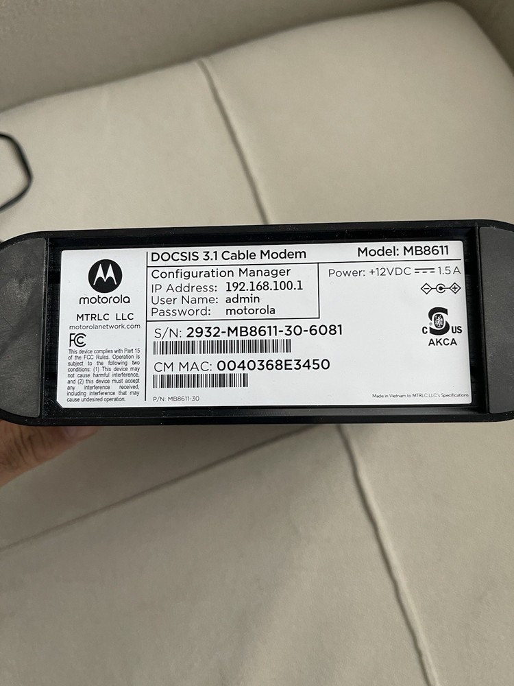 Motorola MB8611 Cable Modem- Gray