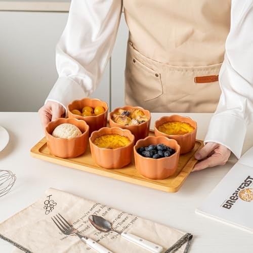 6-Piece 6 Oz Scallop-Edged Ceramic Ramekins - Versatile 6oz Cinnamon Orange