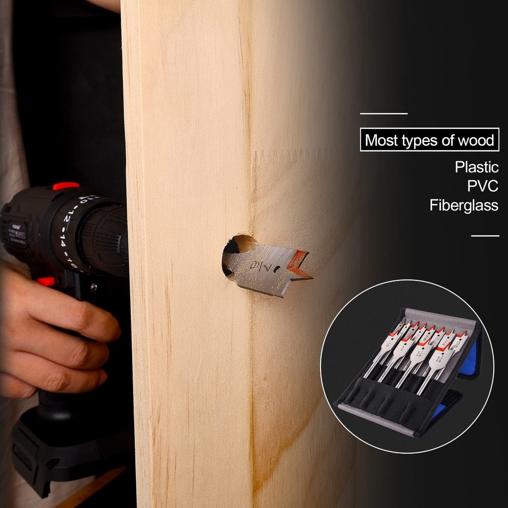 12 Pcs Spade Drill Bit Set - Carbon Steel Paddle Flat Bit with Quick Change S...