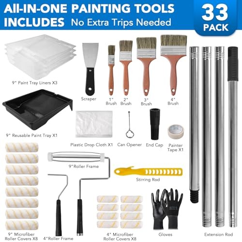 PCS Paint Roller Kit with 4-Section Pole, 9'' Roller Trays, Heavy-Duty 33