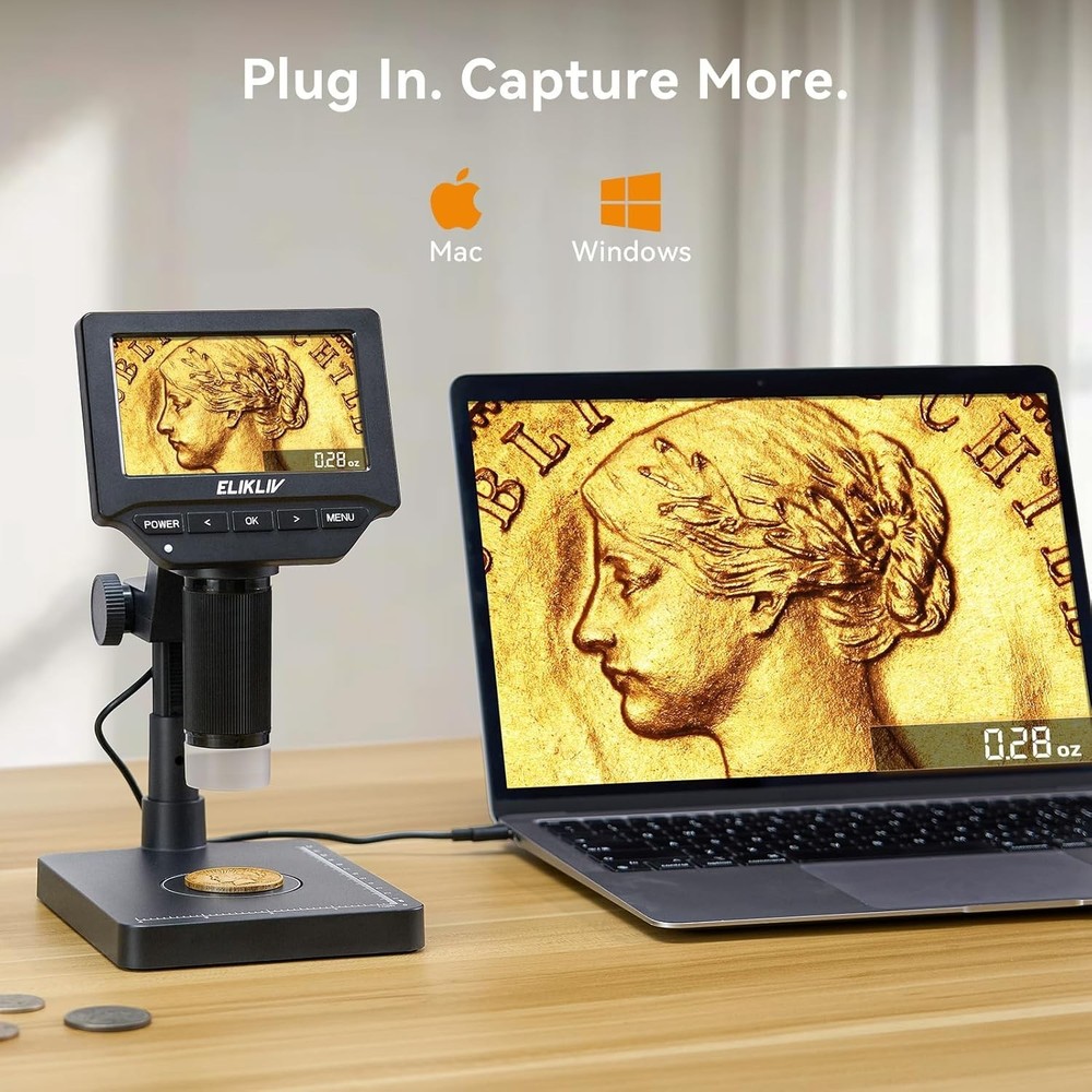 Coin Microscope with Scale：4.3" Digital Microscope with Adjustable LED, Error...