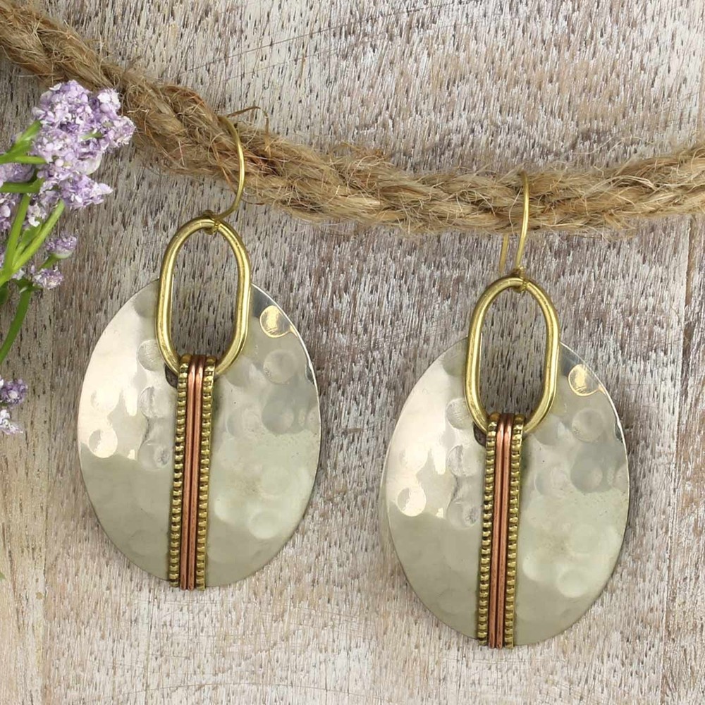 Mixed Metal Hammered Silver Oval Dangle Earrings
