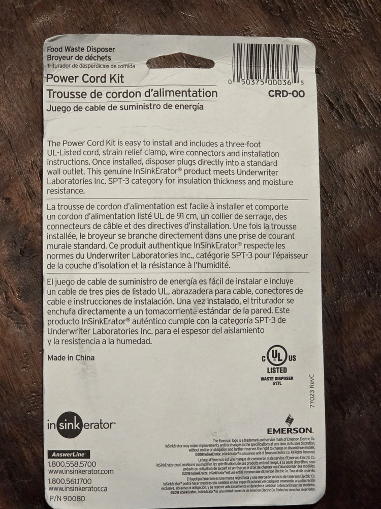 InSinkErator Garbage Disposal Power Cord Kit CRD-00 Install Badger Evolution