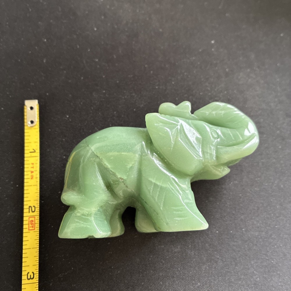 JADE ELEPHANT HAND CARVED SOLID SMALL TRUNK UP GREEN